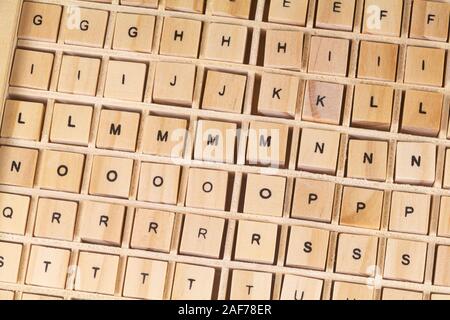 Alphabet letters written on wooden cubes for children education Stock Photo