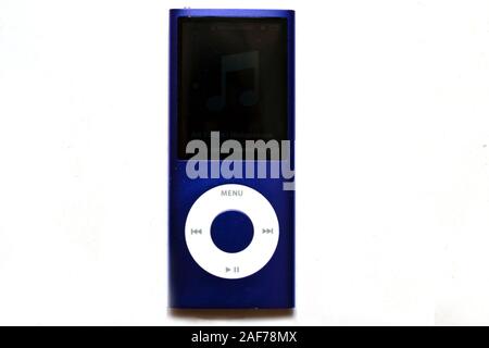 Milan, Italy - June 4, 2019.Blue Apple iPod Nano 8Gb Music Player isolated on white background Stock Photo