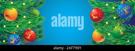 Horizontal banner with Christmas tree garland and ornaments glass balls image of a deer. Vector image. Stock Vector
