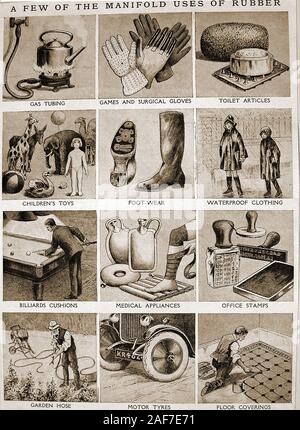 c1930's . A children's book illustration showing uses for rubber at that time -  Gas cooker tubing, games & surgical gloves,toilet articles,toys,footwear,waterproof clothing,billiard cushions,medical appliances,office stamps,garden hoses,car tyres & floor coverings Stock Photo