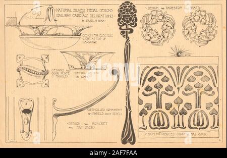 Railway carriage decorations by Isabel McBean. Light door handle lamp seat 1899 Stock Photo