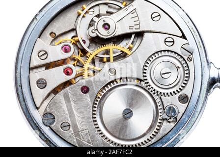 clockwork of mechanical Pocket watch close up isolated on white background Stock Photo