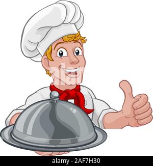 Chef Holding Plate Platter Sign Cartoon Stock Vector