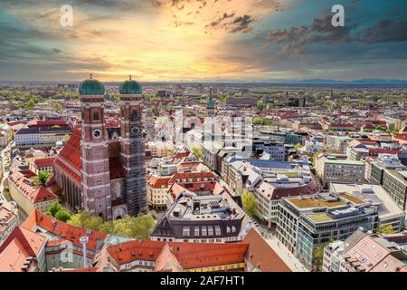 Munich Sunset Aerial view, Bavaria - Germany Stock Photo