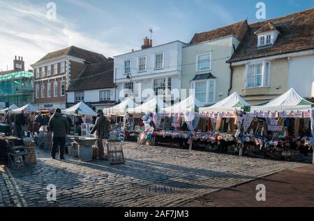 Market stalls in the medieval market town of  Faversham, Kent, UK Stock Photo