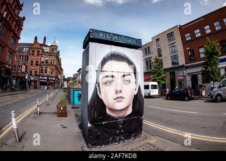 Game of Thrones character Arya Stark street art by Akse p19. Stevenson Sq, Northern Quarter, Manchester. Stock Photo