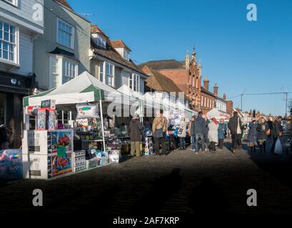 Market stalls in the medieval market town of  Faversham, Kent, UK Stock Photo