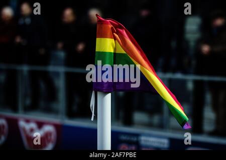 Rainbow Laces corner flag. Salford City FC. Stock Photo