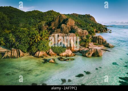 Anse Source D argent beautiful famous beach at La Digue Island, Seychelles. Aerial drone photo from above