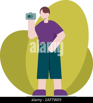 Happy photographer is taking a photo using slr camera. Flat illustration of young male character standing full length and shooting. Isolated on white Stock Vector