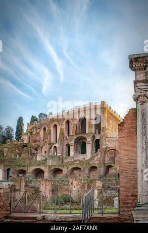 The large complex at the Roman Forum known as Domus Tiberiana is one of the most important on the Palatine hill. Stock Photo