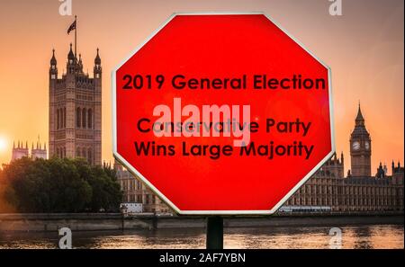 2019 General Election Conservative Majority Message with Houses of Parliament, London in background. Stock Photo