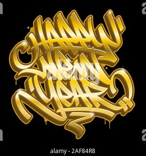 Happy New Year card in graffiti style in gold colors isolated on black background. Vector lettering. Stock Vector