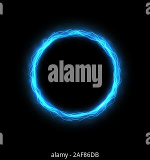 Round neon frame with luminous and wave lines. Glowing light ring. Vector illustration. Stock Vector