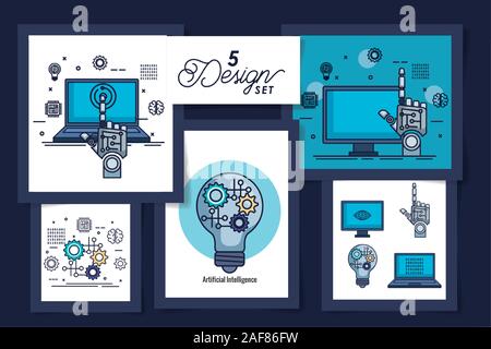 five designs of intelligence artificial and set icons Stock Vector