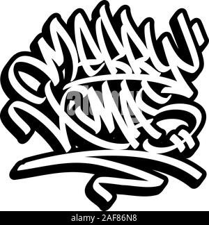 Merry Christmas lettering in graffiti style.  Black outline isolated on white background. Stock Vector