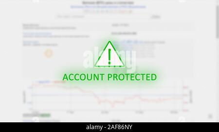 Account protected concept with an exclamation mark in a green triangle on a light background of blurry bitcoin graphics. Security of personal data. Stock Photo