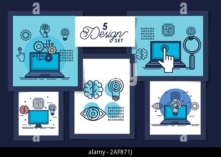 five designs of intelligence artificial and set icons Stock Vector