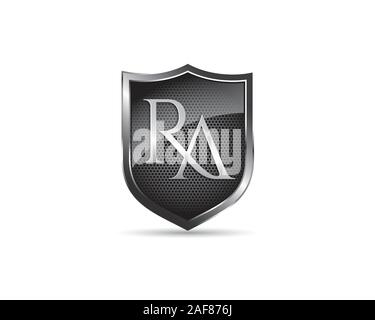 initial letter R A inside metalic glossy textured shield Stock Vector
