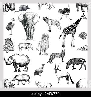 Seamless pattern of hand drawn sketch style African animals isolated on white background. Vector illustration. Stock Vector