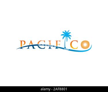 wordmark pacifico letter i as palm tree line ocean wave strike through Stock Vector