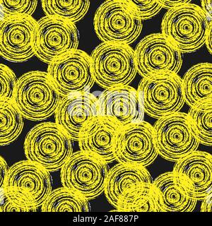 Seamless pattern of yellow circles on a black background from brush strokes for textiles, packaging, paper printing, simple backgrounds and textures. Stock Vector