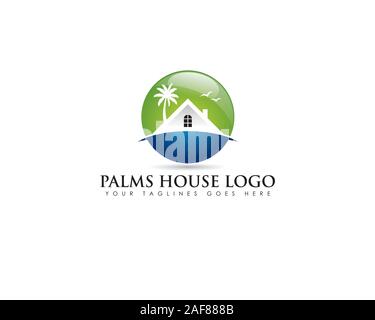 circle emblem logo about beach real estate with white house and coconut tree behind Stock Vector