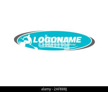 standing up paddleboarder or men in action inside emblem logo Stock Vector