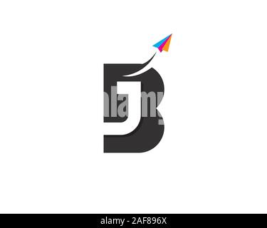initial letter monogram B J with colorful paper plane flying trough Stock Vector