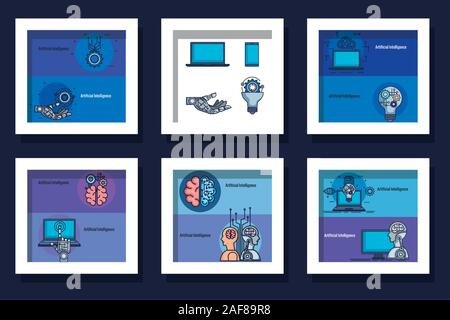 bundle of designs intelligence artificial and set icons Stock Vector