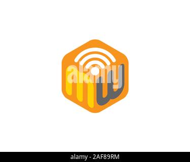 hexagonal initial letter m w with wifi symbol Stock Vector