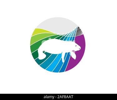 negative space manatee in front of rainbow colorful ocean waves Stock Vector