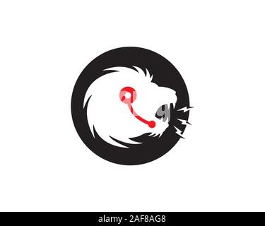 negative space lion head with headphone roaring loud voice as customer service Stock Vector