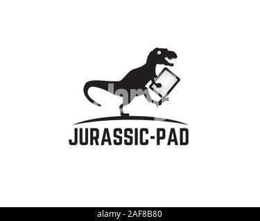 tyrannosaurus rex running chasing something and holding tablet pad Stock Vector