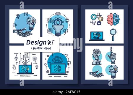 six designs of intelligence artificial and set icons Stock Vector