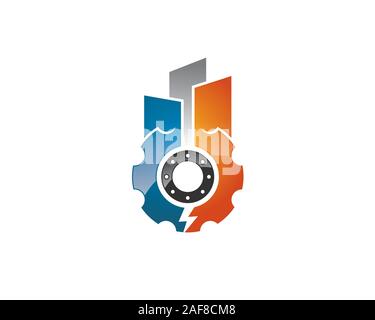 highrise skyscraper building silhouette standing above giant gears cog wheel and lightning bolt Stock Vector