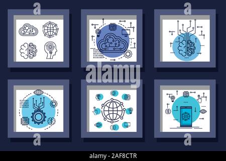 bundle of designs intelligence artificial and set icons Stock Vector