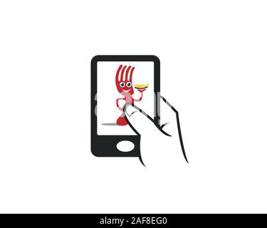cell phone touch apps icon for fork character smiling and holding a plate with food beverages company Stock Vector