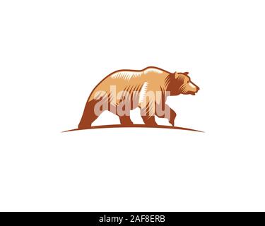 brown mature bear walking alone on the ground in linocut drawing style Stock Vector