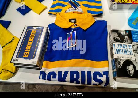 A pop-up featuring merchandise with the logos of the now defunct Blockbuster video rental chain appears in the Soho neighborhood of New York, seen on Tuesday, December 10, 2019. A project of the streetwear brand Dumbgood, the pop-up channels the vibe of the VHS rental business selling themed merchandise. (© Richard B. Levine) Stock Photo