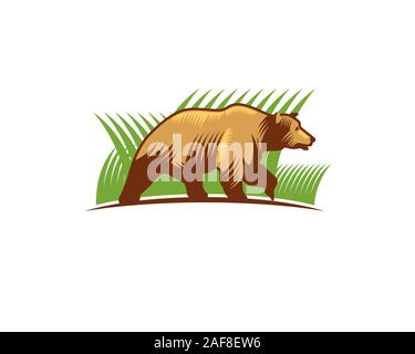 Brown mature bear walking alone on the grass field in linocut drawing style Stock Vector