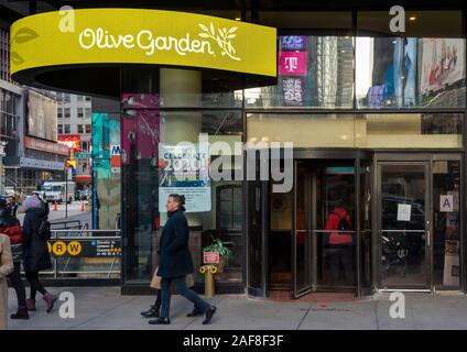 The newly renovated entrance to the Olive Garden restaurant in Times Square in New York is seen on Thursday, December 12, 2019. (© Richard B. Levine) Stock Photo