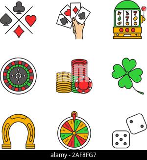 Casino color icons set. Cards suits, four aces, slot machine, roulette, wheel of fortune, gambling chip, dice, four leaf clover, horseshoe. Isolated v Stock Vector