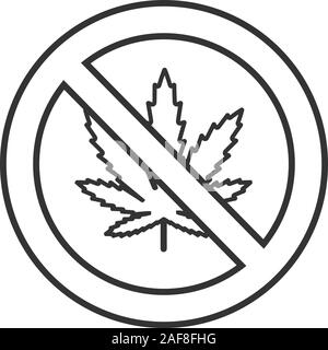 Forbidden sign with marijuana leaf linear icon. Thin line illustration. No cannabis. Stop contour symbol. Vector isolated outline drawing Stock Vector