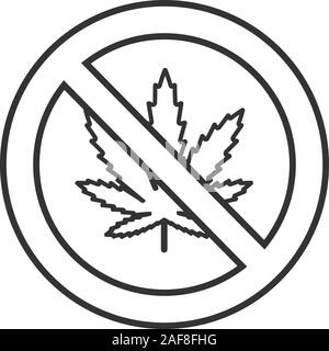 Forbidden sign with marijuana leaf linear icon. Thin line illustration. No cannabis. Stop contour symbol. Vector isolated outline drawing Stock Vector