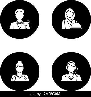 Professions glyph icons set. Occupations. Doctor, call center operator, barman, waitress. Vector white silhouettes illustrations in black circles Stock Vector