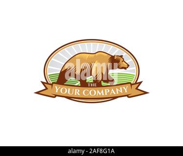 emblem logo of Brown mature bear walking alone on the hill in linocut drawing style Stock Vector