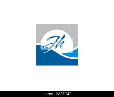 initial letter H J anagram logo inside a square with hill and sun Stock Vector