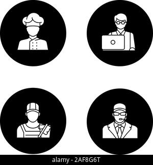 Professions glyph icons set. Occupations. Bodyguard, cleaner, IT technologist, freelancer, cook. Vector white silhouettes illustrations in black circl Stock Vector