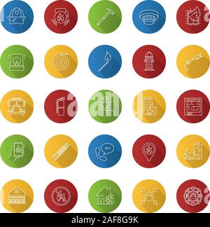 Firefighting flat linear long shadow icons set. Fire station equipment. Vector outline illustration Stock Vector